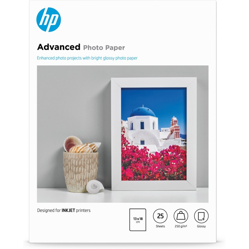 Papel fotográfico satinado con brillo HP Advanced - 25 hojas 13 x 18 cm sin bordes