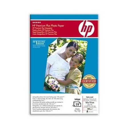 Papel fotográfico satinado mate HP Premium Plus - 25 hojas   10 x 15 cm con pestaña