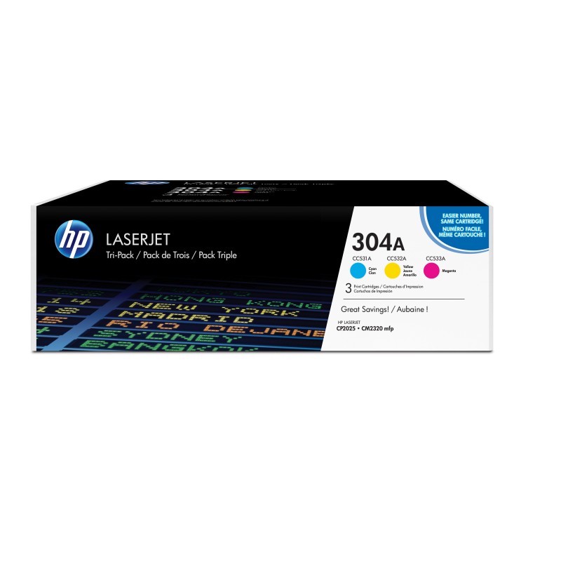 Pack de ahorro de 3 cartuchos de tóner original LaserJet HP 304A cian magenta amarillo