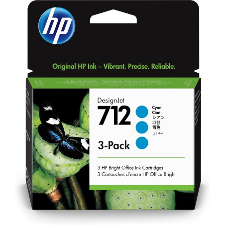 Paquete de 3 cartuchos de Tinta HP DesignJet 712 cian de 29 ml