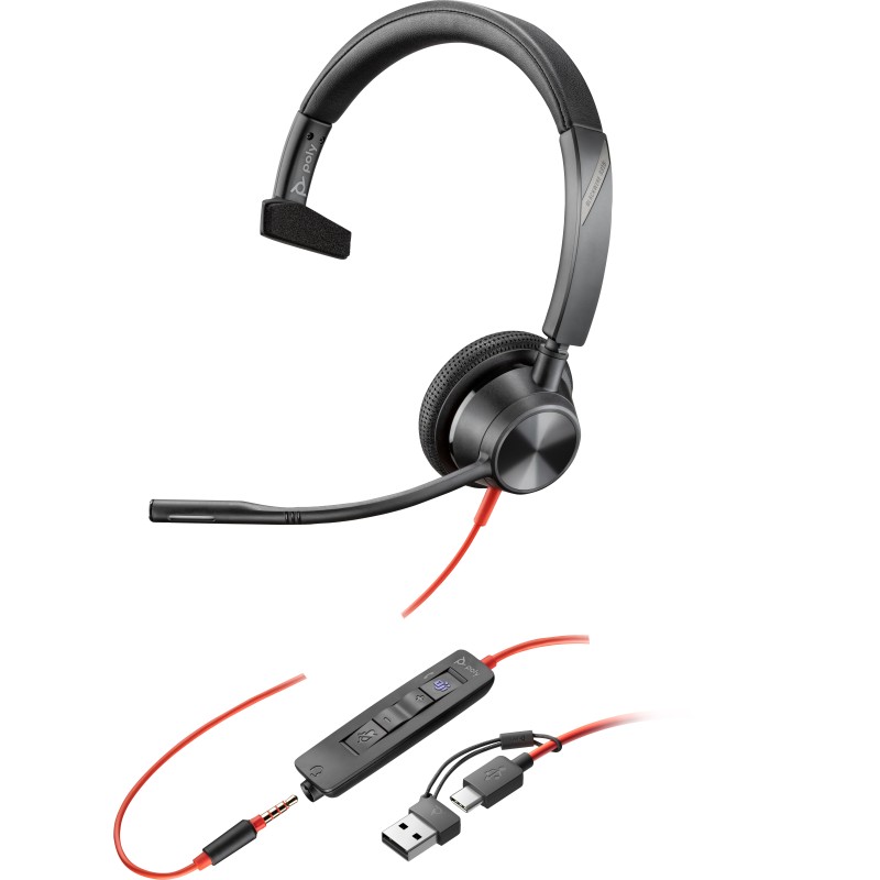 Poly Blackwire 3315 Monaural Microsoft Teams Certified USB-C Headset +35mm Plug +USB-C A Adapter