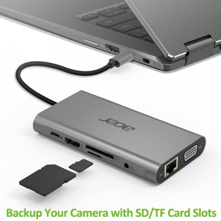 Acer 11in1 Type C dongle  2 x USB30  2 x USB20  1 x HDMI 4k@30  1 x VGA  1 type C PD  1 x SD card 